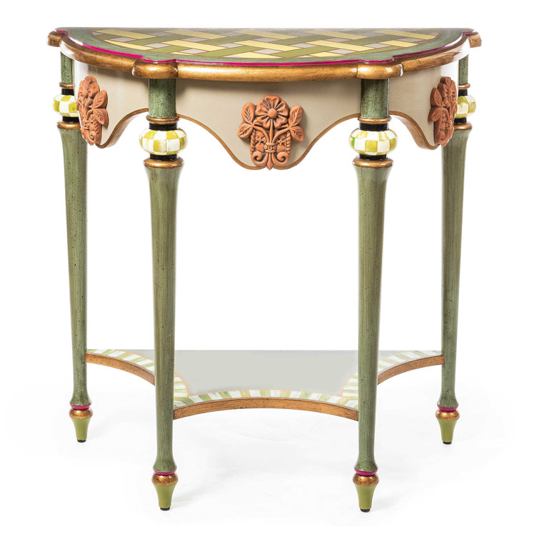Antiqued Green-Gold Half Moon Wood Console Table with Storage