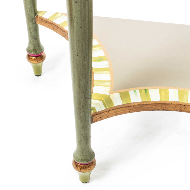 Antiqued Green-Gold Half Moon Wood Console Table with Storage