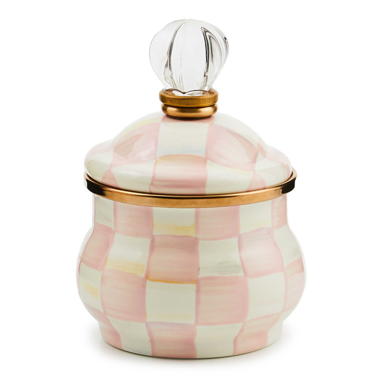 Pink and White Checkered Enamel Sugar Pot with Glass Knob