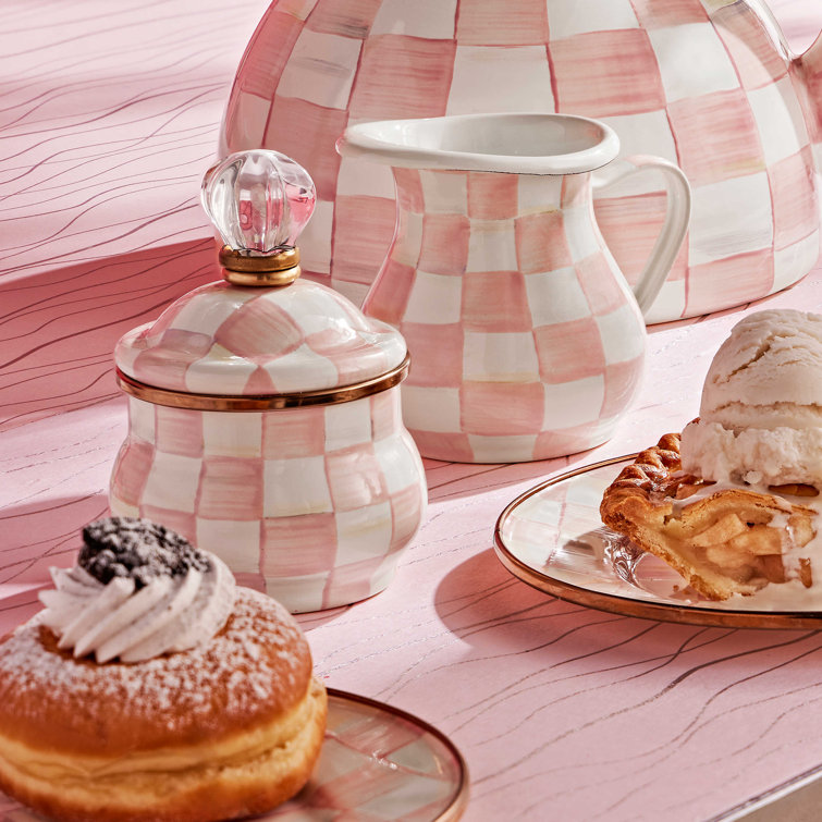 Pink and White Checkered Enamel Sugar Pot with Glass Knob