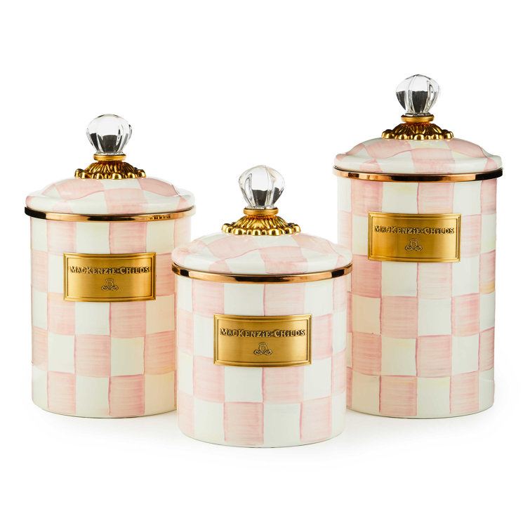 Medium Pink and White Checkered Enamel Canister with Glass Knob