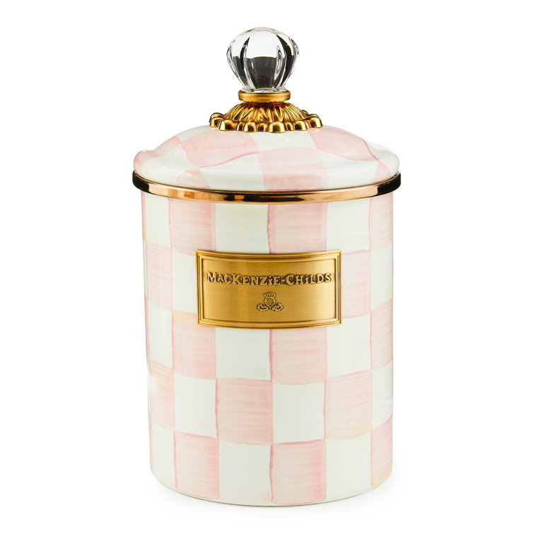 Medium Pink and White Checkered Enamel Canister with Glass Knob