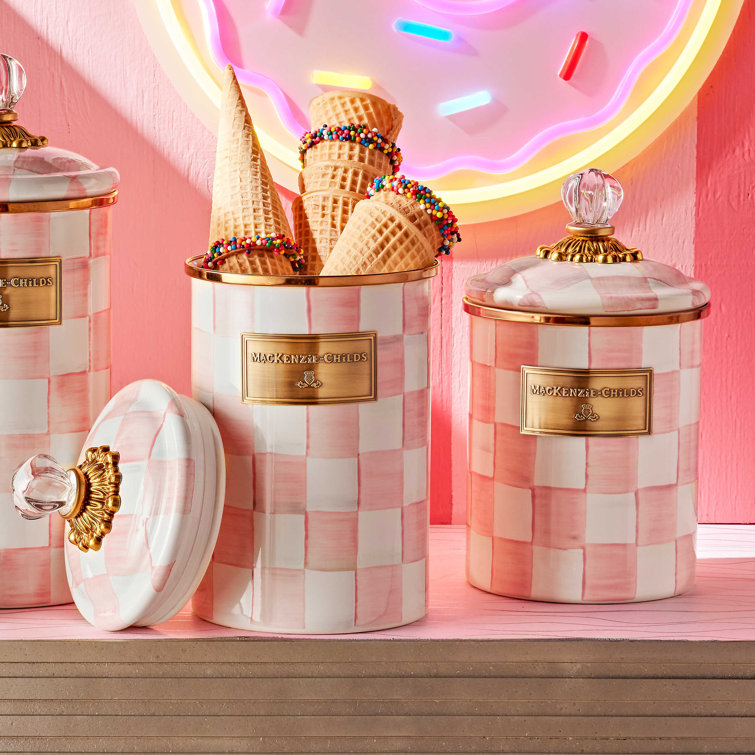 Medium Pink and White Checkered Enamel Canister with Glass Knob