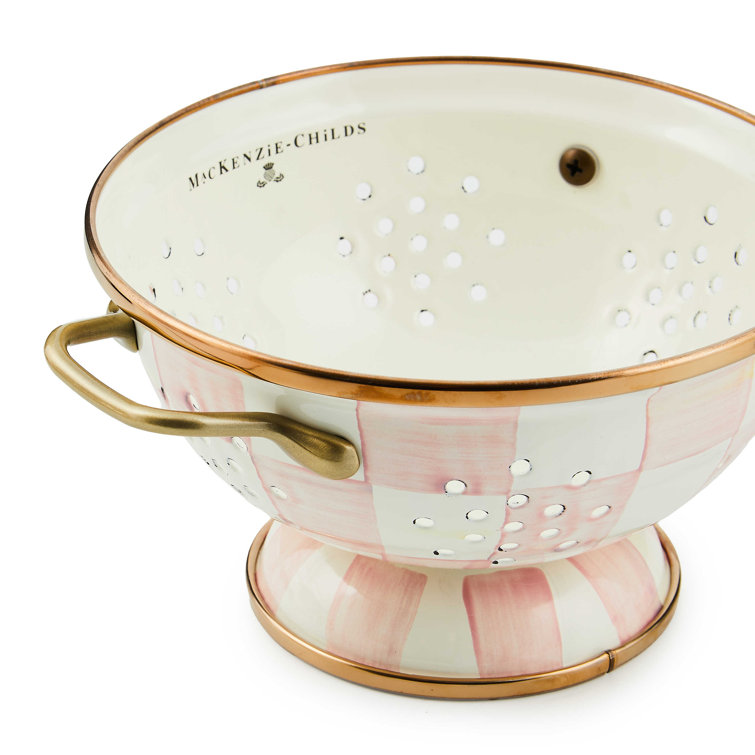 Small Pink and White Enamel Colander with Brass Handles