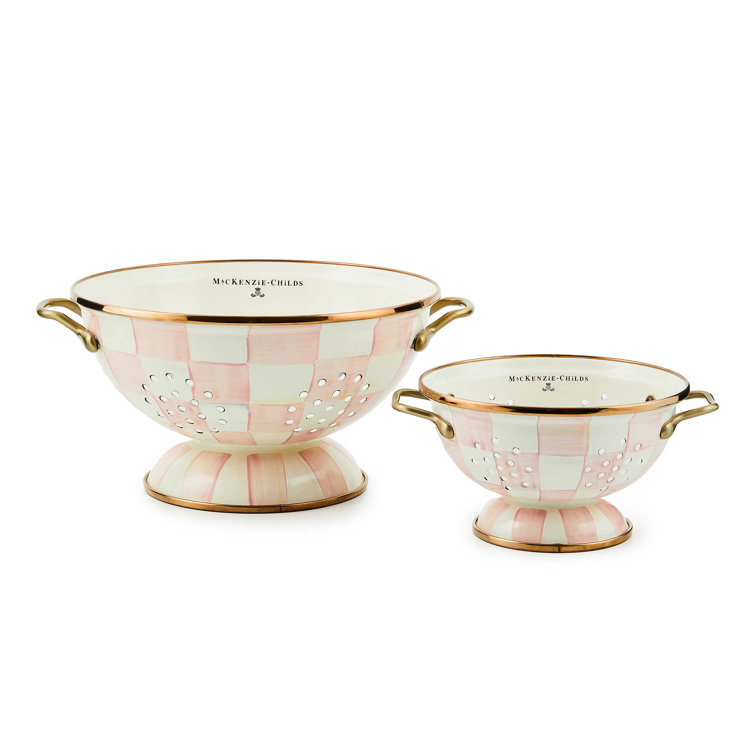 Small Pink and White Enamel Colander with Brass Handles