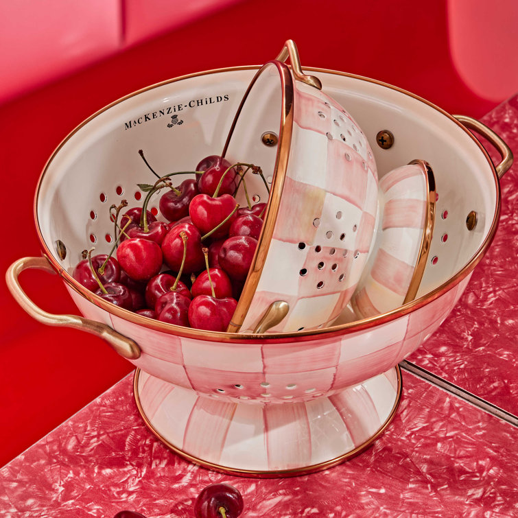 Small Pink and White Enamel Colander with Brass Handles