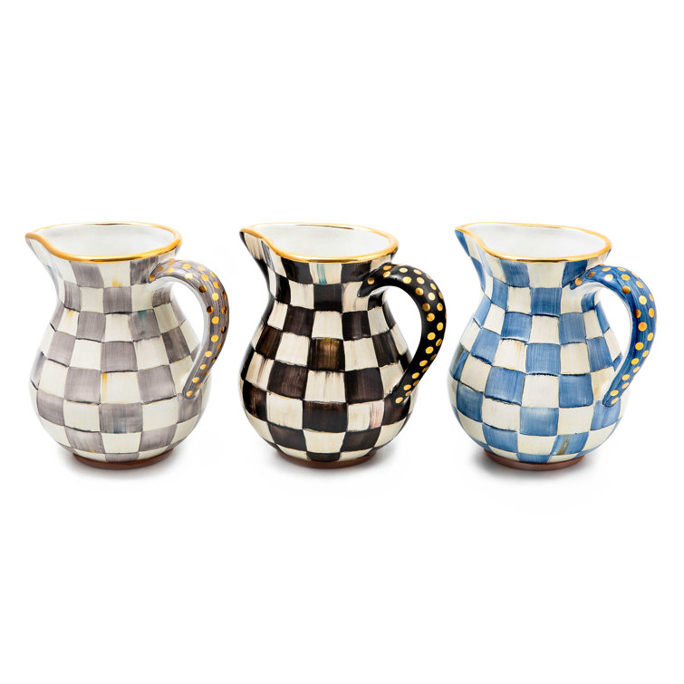 Hand-Painted Gray and White Ceramic Pitcher with Gold Trim