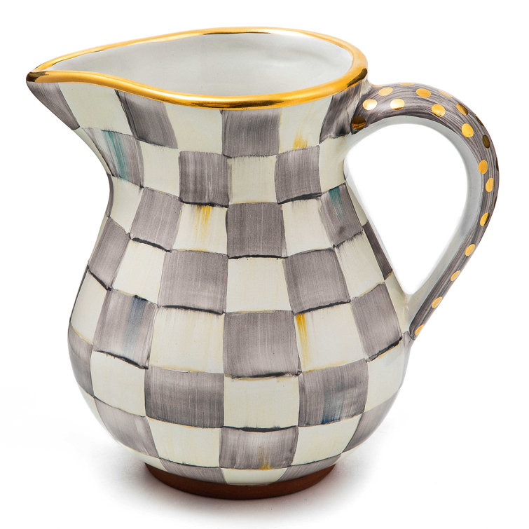 Hand-Painted Gray and White Ceramic Pitcher with Gold Trim