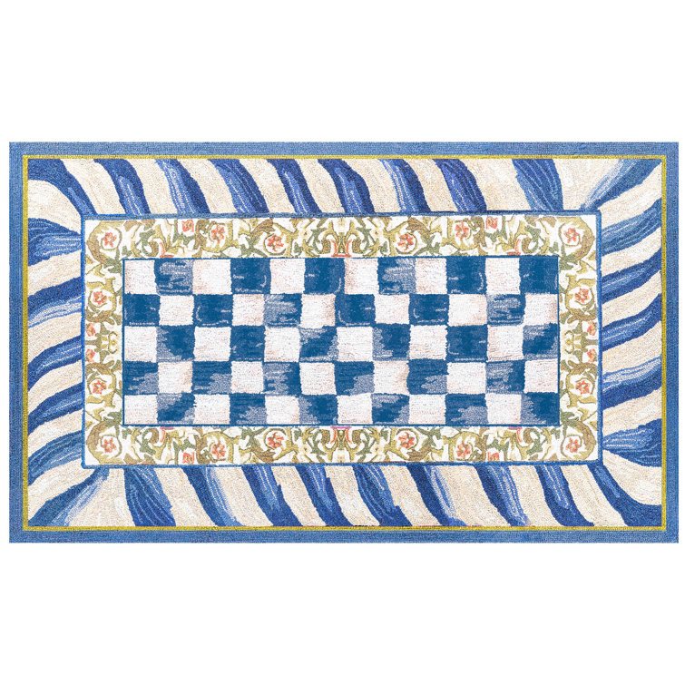 Blue and White Hand Hooked Washable Rectangular Rug