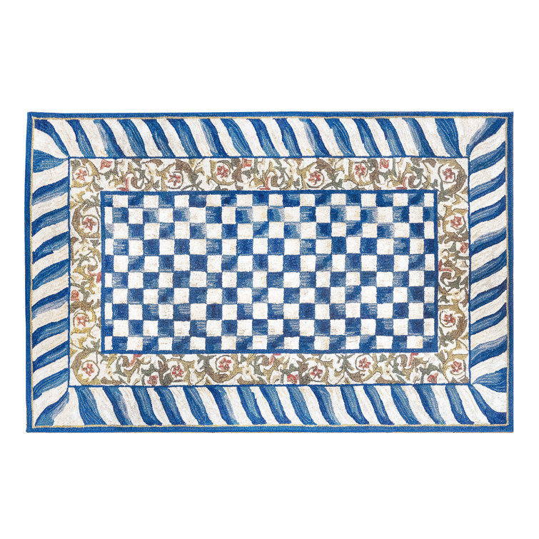 Blue and White Hand Hooked Washable Rectangular Rug 5' x 7'
