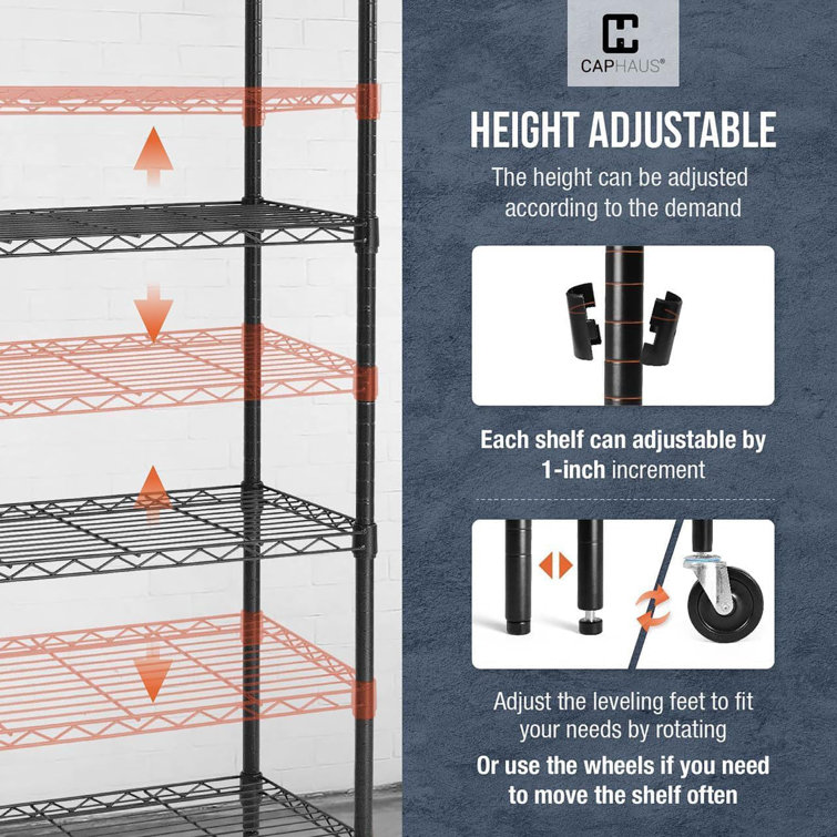 Black 5-Tier Adjustable Metal Wire Shelving Unit with Wheels
