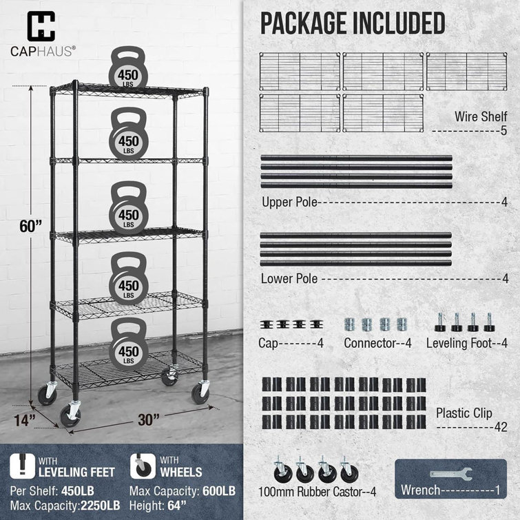 Black 5-Tier Adjustable Metal Wire Shelving Unit with Wheels