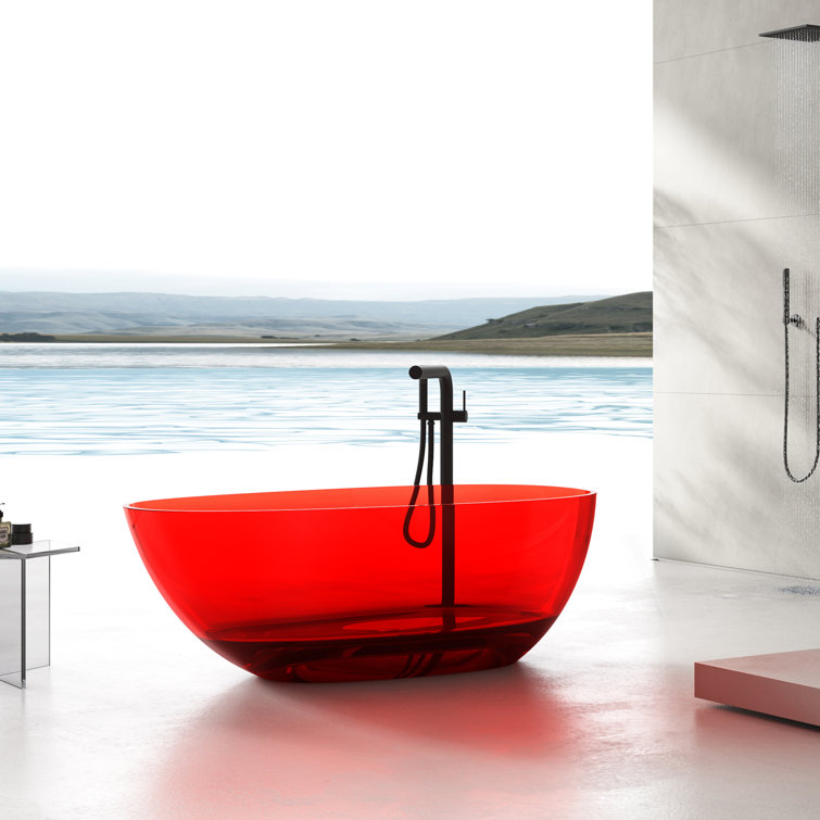 59" Pure Resin Red Freestanding Stone Resin Soaking Bathtub