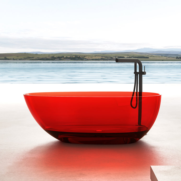 59" Pure Resin Red Freestanding Stone Resin Soaking Bathtub
