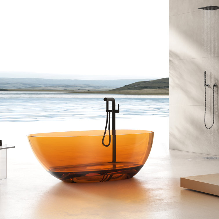 67" Amber Stone Resin Freestanding Soaking Bathtub with Chrome Drain