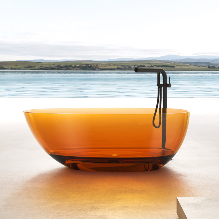 67" Amber Stone Resin Freestanding Soaking Bathtub with Chrome Drain