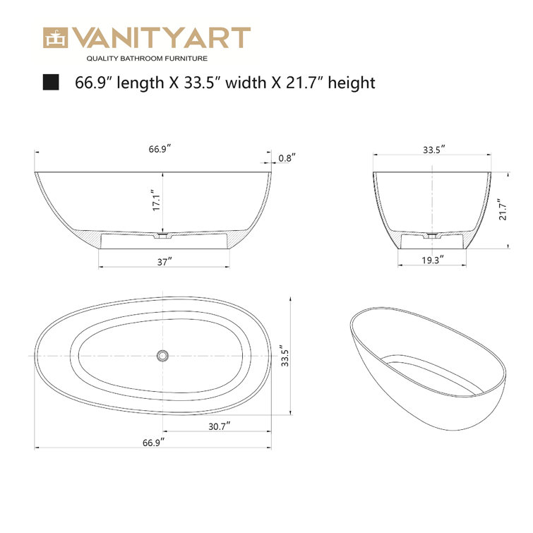 67" Amber Stone Resin Freestanding Soaking Bathtub with Chrome Drain
