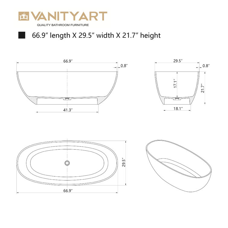 67" Pure Resin Red Freestanding Soaking Bathtub with Chrome Drain