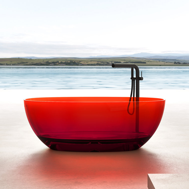 59" Pure Resin Red Freestanding Soaking Bathtub with Polished Chrome Drain