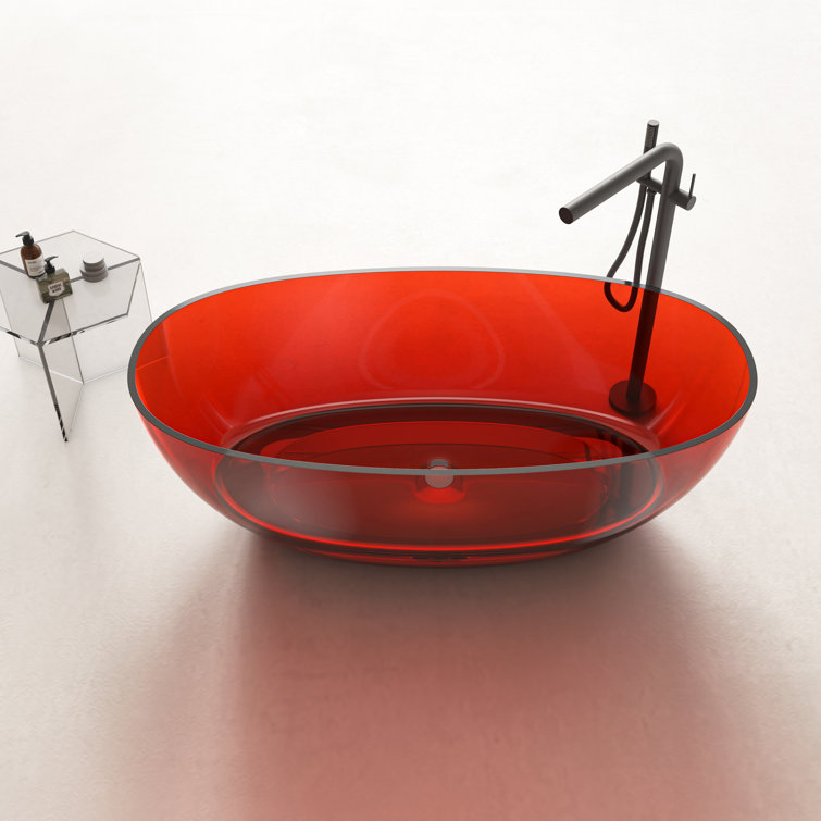 59" Pure Resin Red Freestanding Soaking Bathtub with Polished Chrome Drain