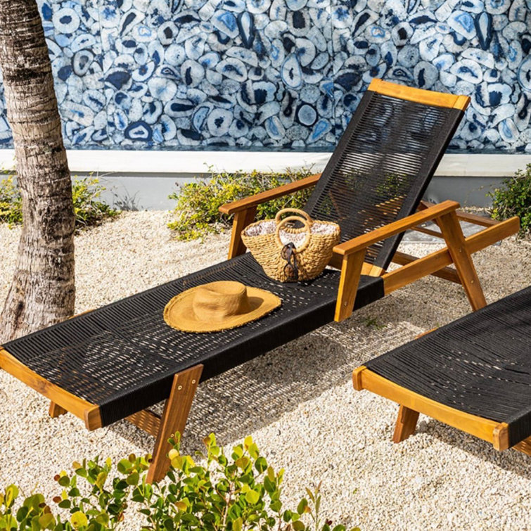 Laguna Honey-Hued Acacia Wood Outdoor Chaise Lounger with Black Rope