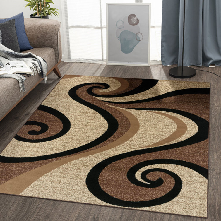 Beige and Brown Swirl Pattern Rectangular Synthetic Area Rug 5' x 7'