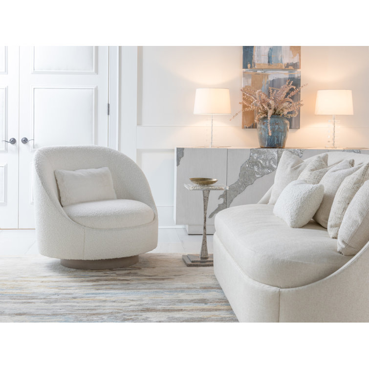 Warm White Boucle Swivel Chair with Driftwood Base