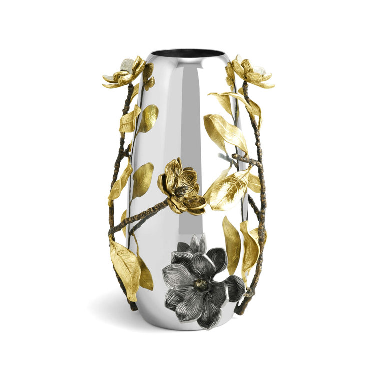 Medium Silver and Gold Metal Floral Vase