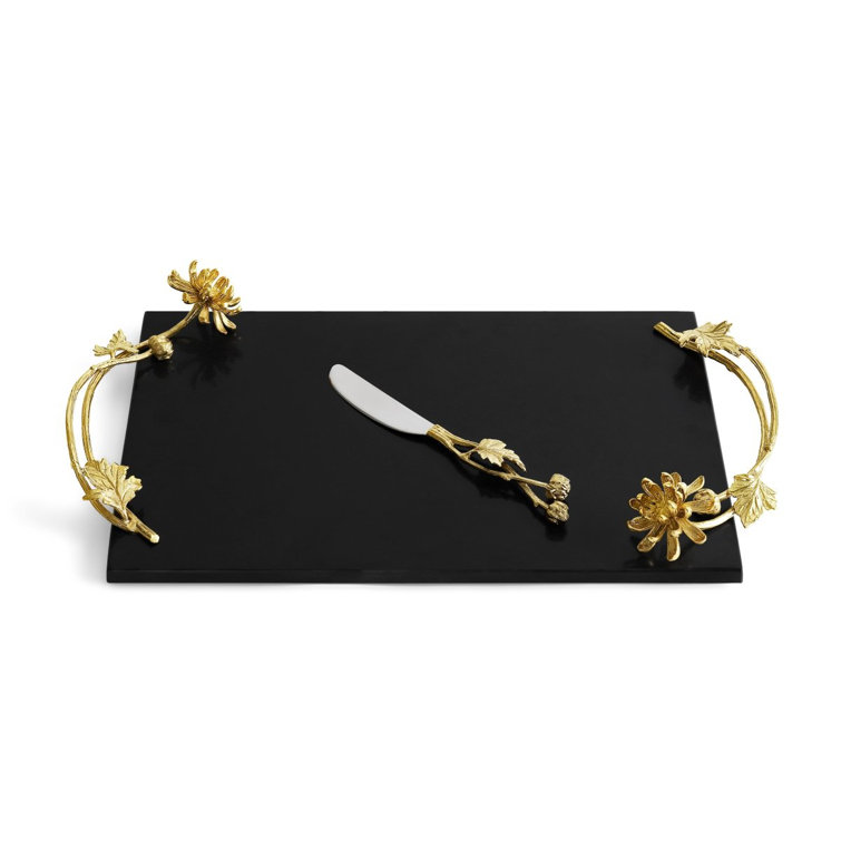 Black Granite and Gold Dahlia Cheeseboard with Knife