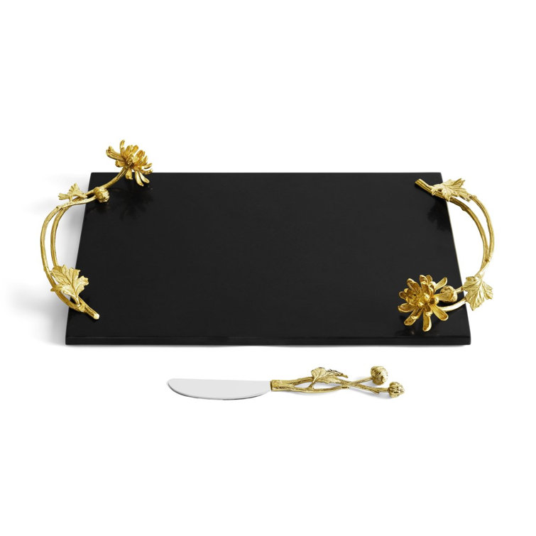 Black Granite and Gold Dahlia Cheeseboard with Knife