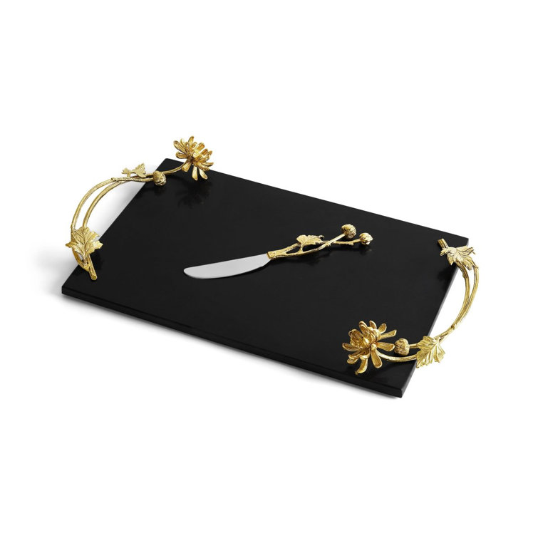 Black Granite and Gold Dahlia Cheeseboard with Knife