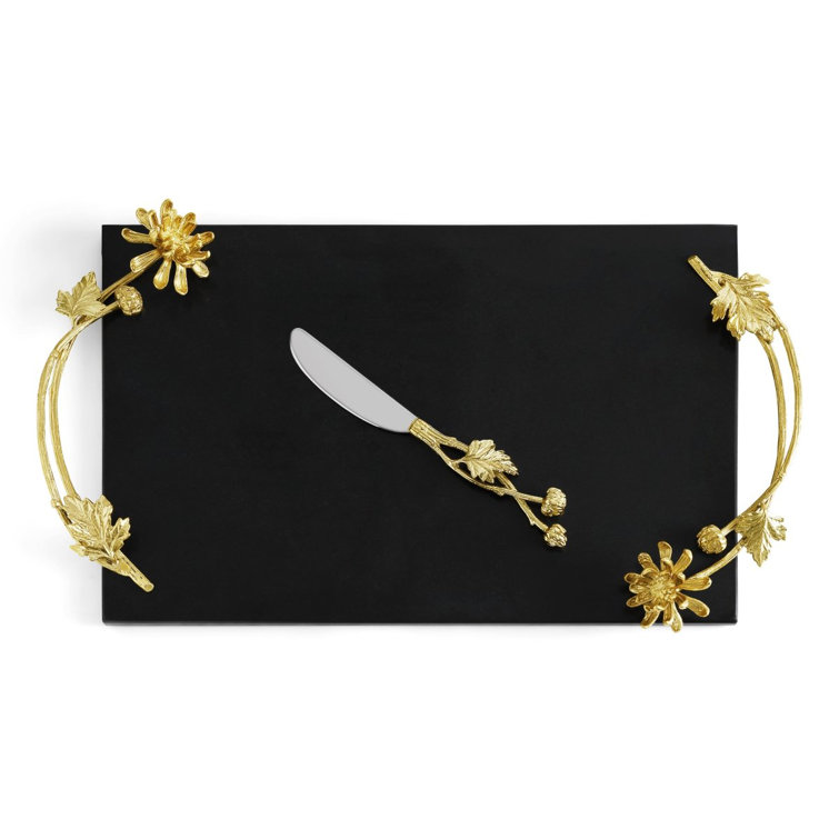 Black Granite and Gold Dahlia Cheeseboard with Knife