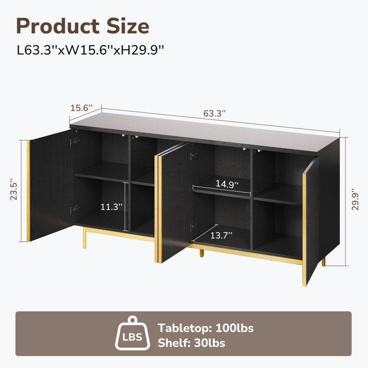 Ebony 63" Modern Sideboard Buffet Cabinet with Fluted Doors