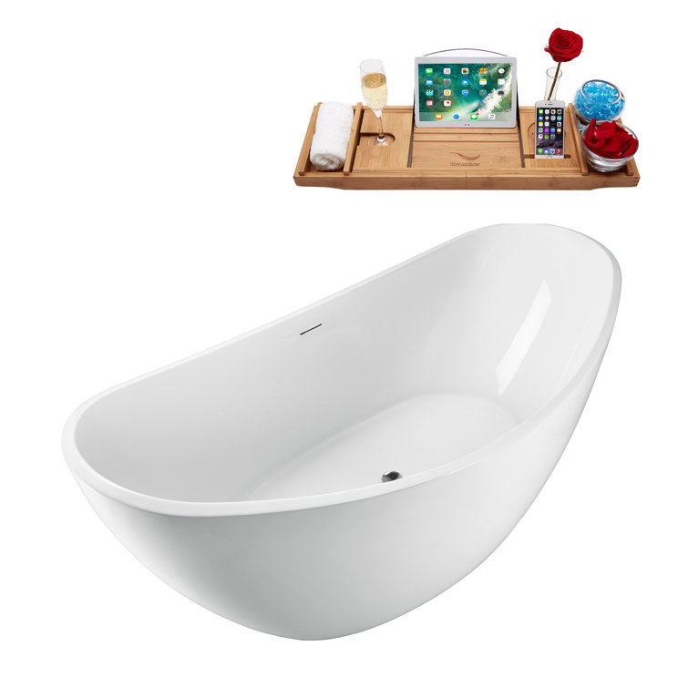 63'' White Acrylic Freestanding Bathtub with Bamboo Tray