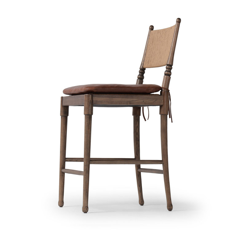 Mahogany Leather and Wood Counter Stool with Woven Back