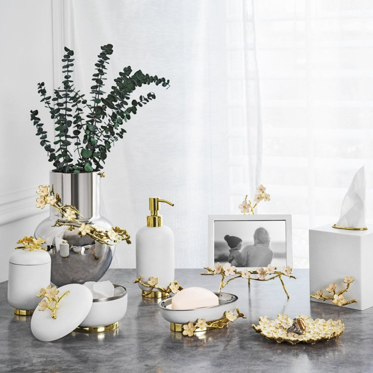 White Marble and Golden Brass Cherry Blossom Tissue Box Holder