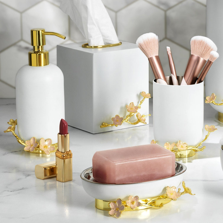 White Marble and Golden Brass Cherry Blossom Tissue Box Holder