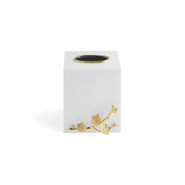 White Marble and Golden Brass Cherry Blossom Tissue Box Holder