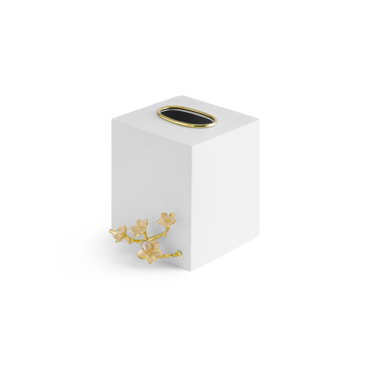 White Marble and Golden Brass Cherry Blossom Tissue Box Holder
