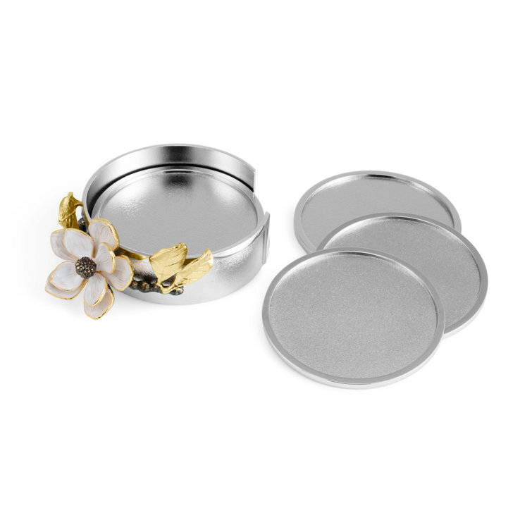 Elegant Floral Nickel and Gold Coaster Set
