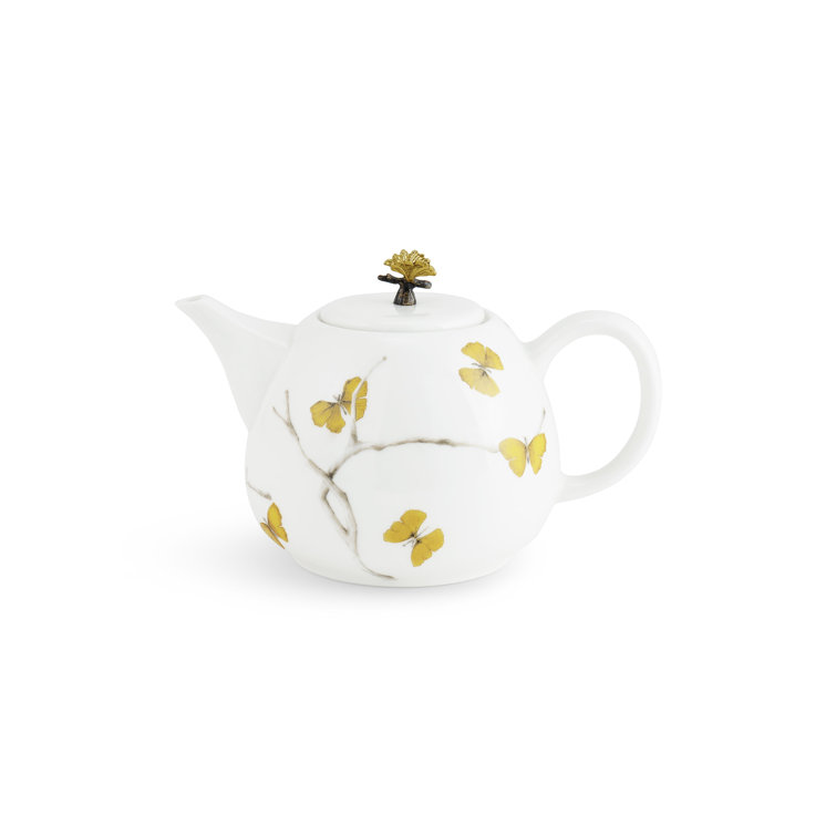 White and Gold Porcelain Butterfly Ginkgo Teapot