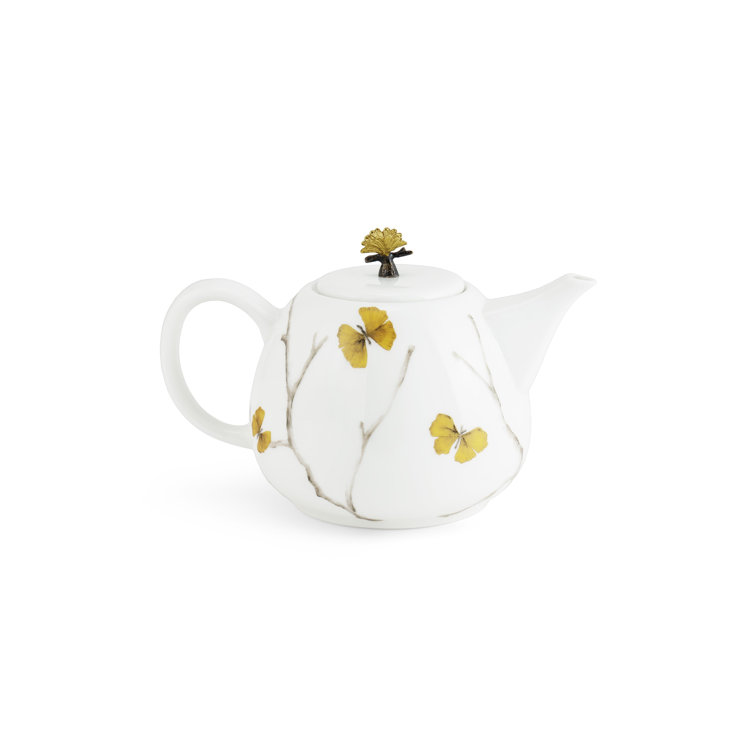 White and Gold Porcelain Butterfly Ginkgo Teapot