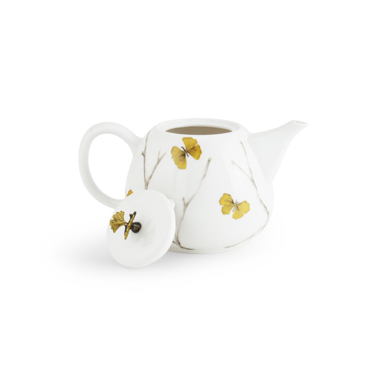 White and Gold Porcelain Butterfly Ginkgo Teapot