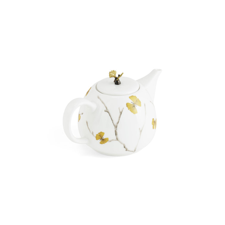 White and Gold Porcelain Butterfly Ginkgo Teapot