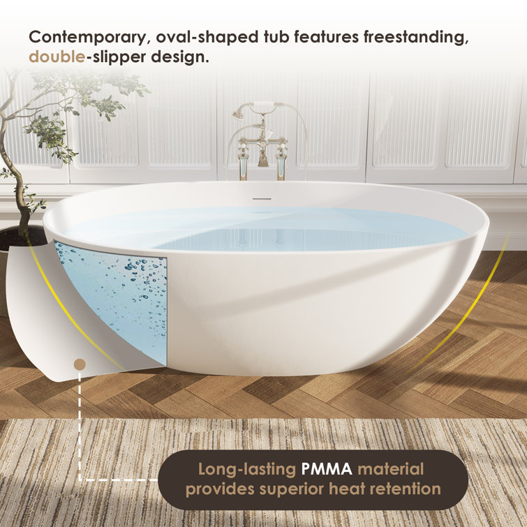 Euston 65'' Matte White Solid Surface Freestanding Oval Bathtub