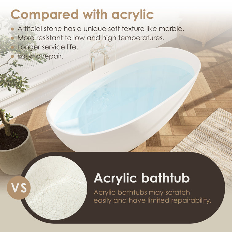 Euston 65'' Matte White Solid Surface Freestanding Oval Bathtub