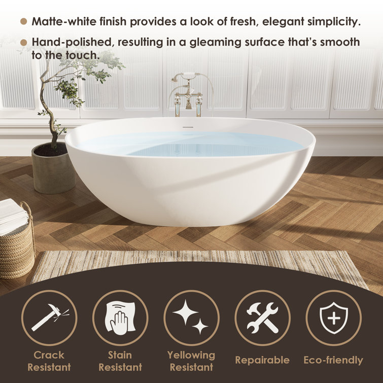 Euston 65'' Matte White Solid Surface Freestanding Oval Bathtub