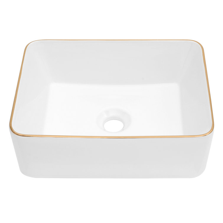 16 x 12 Inch White Ceramic Rectangular Vessel Sink with Gold Rim