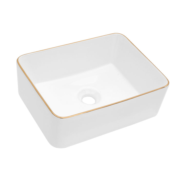 16 x 12 Inch White Ceramic Rectangular Vessel Sink with Gold Rim