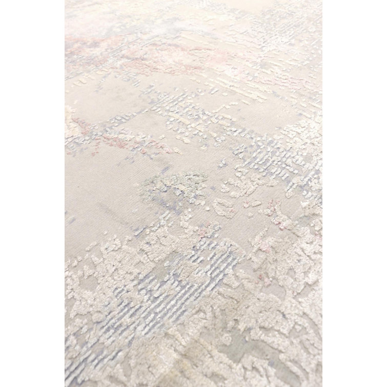 Gray and Beige Hand-Knotted Wool Silk Abstract Rug